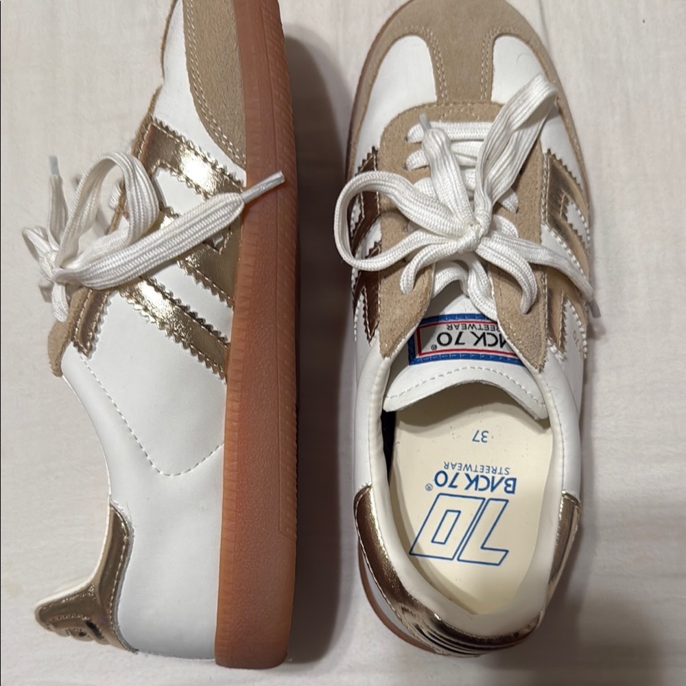 Women's White and Gold Sneakers